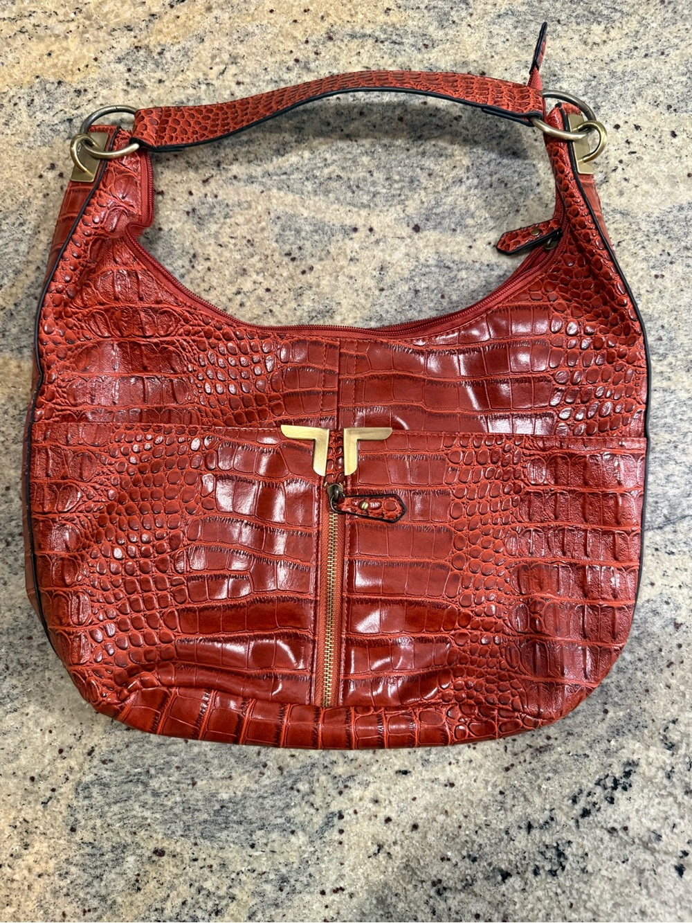 Bueno Croc-Embossed Brick Red Shoulder Bag with Gold Accents